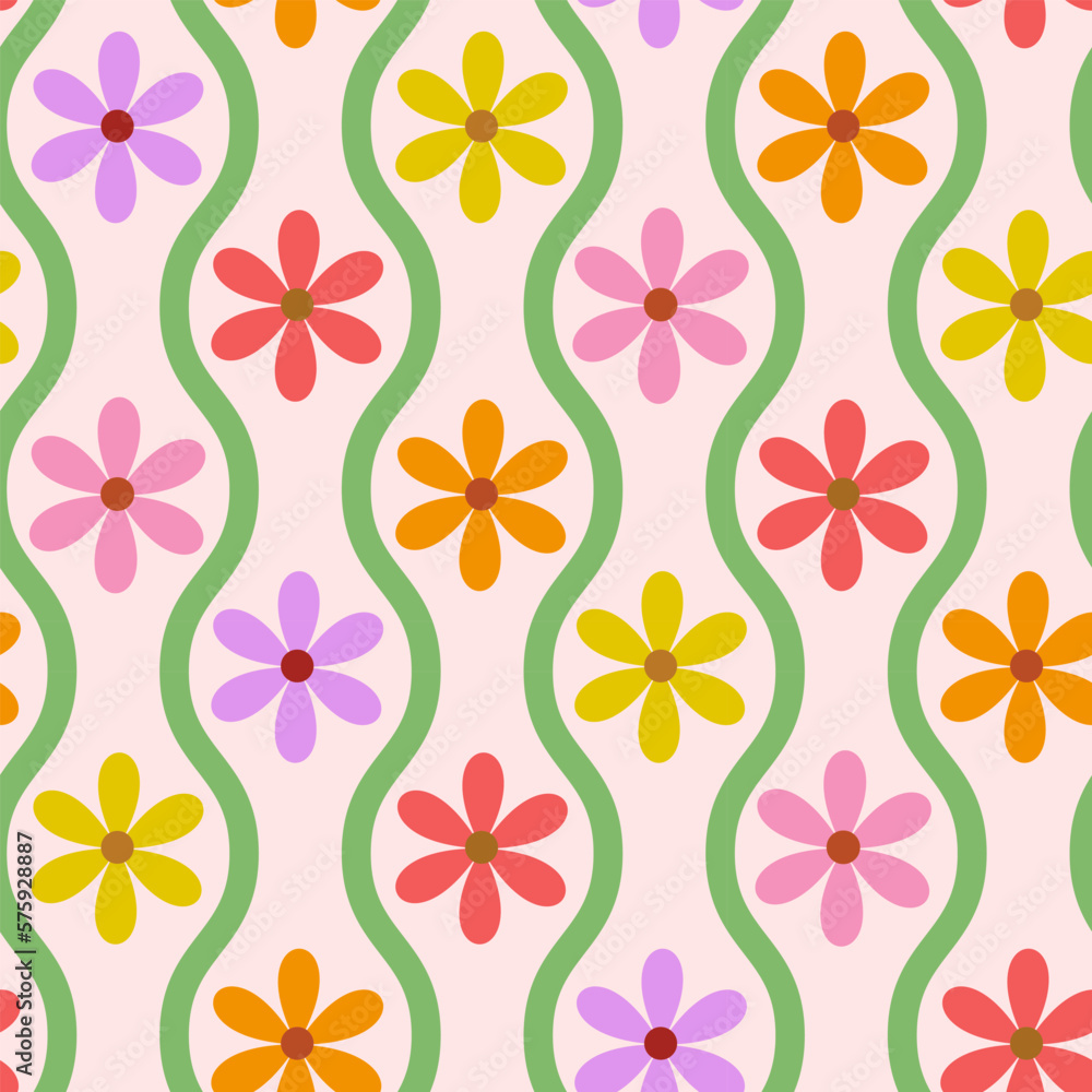 Retro colorful flowers on green hourglass oval shapes seamless pattern. For textile, home decor and wallpaper. 