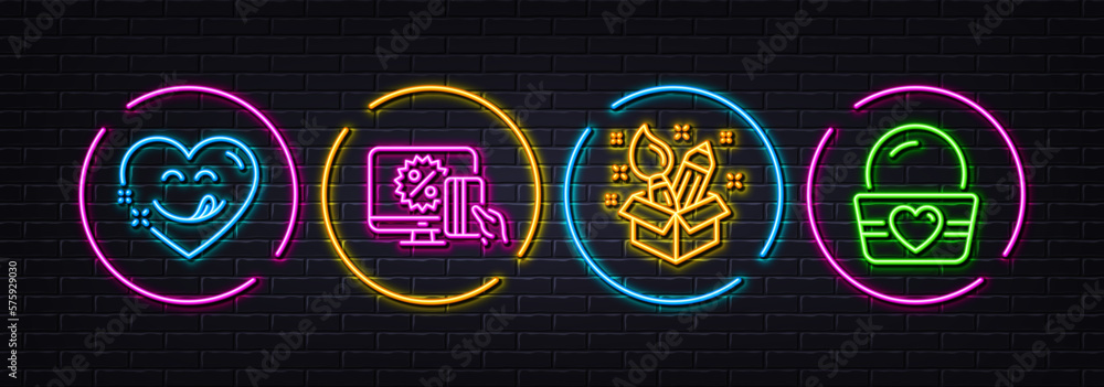 Creativity, Online shopping and Yummy smile minimal line icons. Neon laser 3d lights. Ice cream icons. For web, application, printing. Design idea, Black friday, Comic heart. Sundae cup. Vector