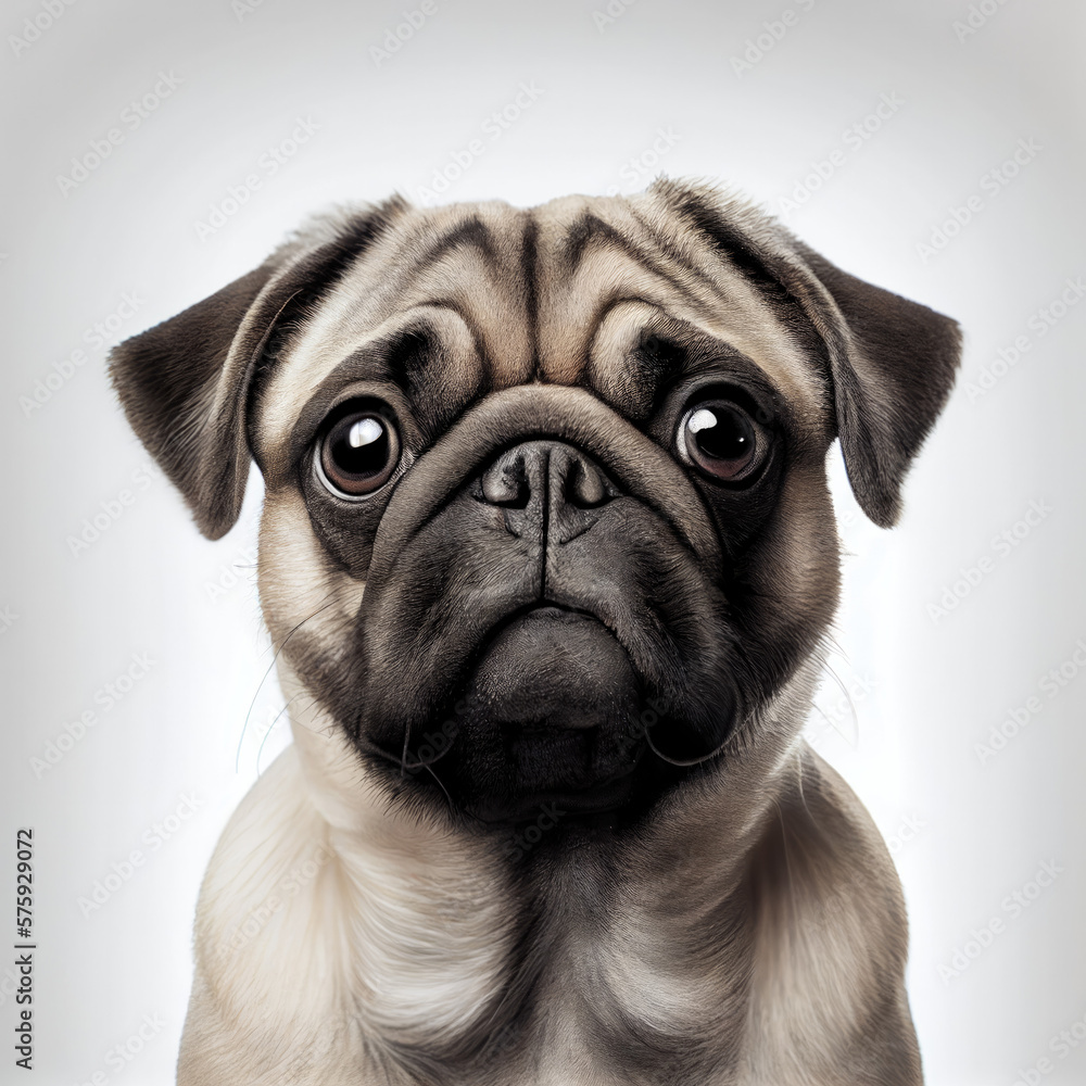Adult Pug portrait isolated on a white background. Generative AI. 