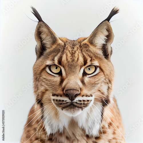 Adult Iberian Lynx portrait isolated on a white background. Generative AI. 