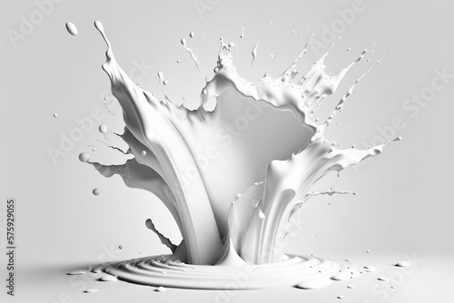 White paint or fresh milk splashed abstractly in the air, resembling a milk burst explosion On a white background, alone. Generative AI
