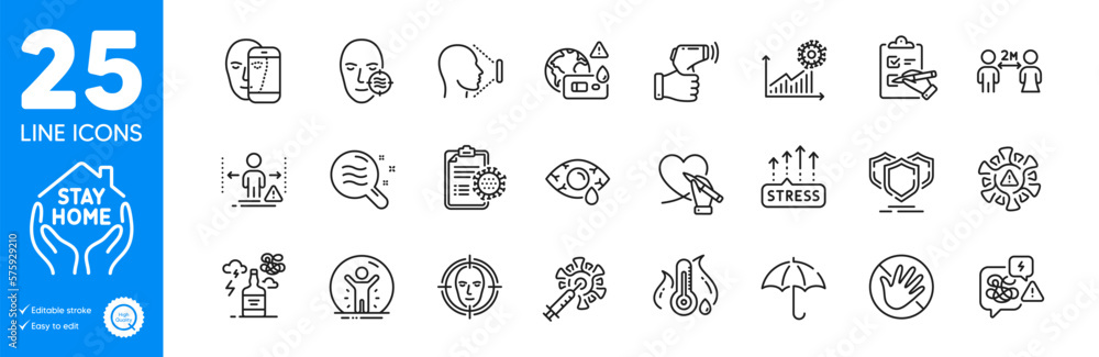 Outline icons set. Skin condition, Fever temperature and Coronavirus report icons. Umbrella, Problem skin, Alcohol addiction web elements. Recovered person, Ð¡onjunctivitis eye. Vector