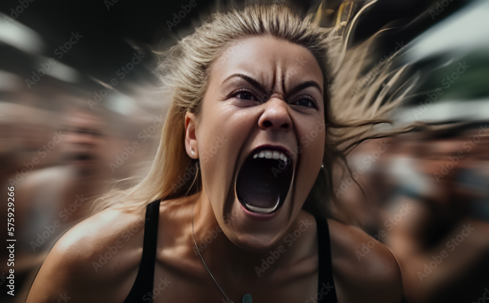 Woman screaming out, raging. Concept of frustration or release of feelings. Motion blur with shallow depth of field. Illustrative generative AI, Not a real person. - obrazy, fototapety, plakaty 