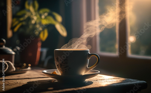 Coffee cup with hot steam on wooden kitchen table with morning sunlight shining through the window. Soft morning light with shallow depth of field. Illustrative Generative AI. 