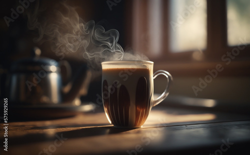 Coffee cup with hot steam on wooden kitchen table with morning sunlight shining through the window. Soft morning light with shallow depth of field. Illustrative Generative AI. 