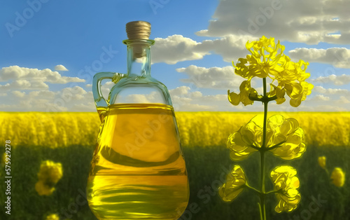Rapeseed oil  canola  in a glass bottle with a rapeseed field in the background. Artistic feel  shallow depth of field. Illustrative Generative AI.