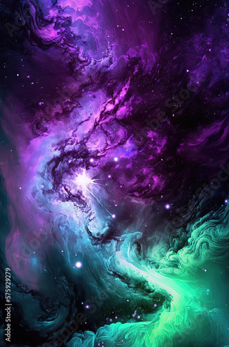 Nebula purple green. Generative AI.