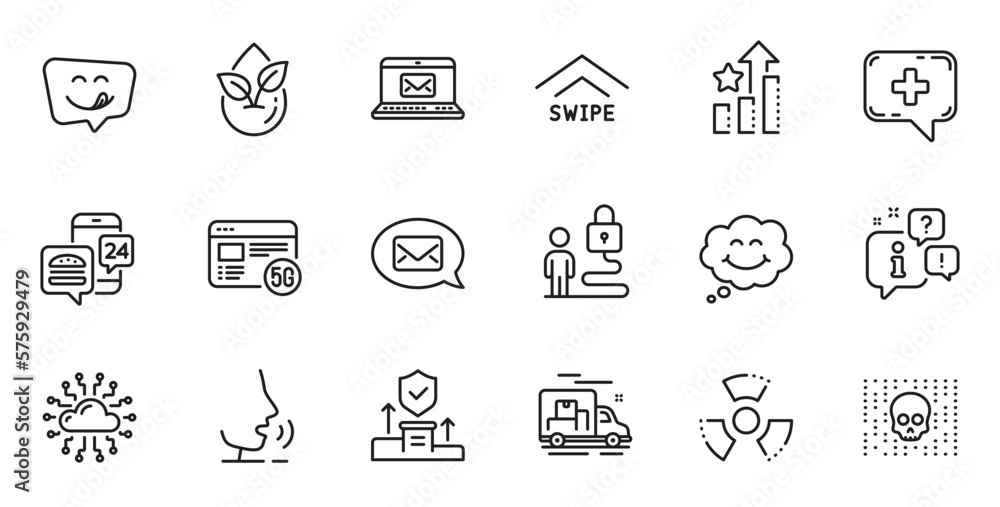 Outline set of Smile, Organic product and 5g internet line icons for web application. Talk, information, delivery truck outline icon. Include Swipe up, Yummy smile, Cyber attack icons. Vector Outline set of Smile, Organic product and 5g internet line icons for web application. Talk, information, delivery truck outline icon. Include Swipe up, Yummy smile, Cyber attack icons. Vector