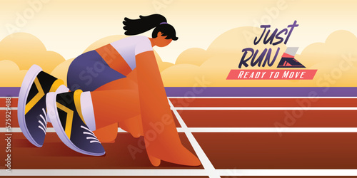 Female Runner At Starting Point, Competition Marathon Outdoor, Vector, Illustration