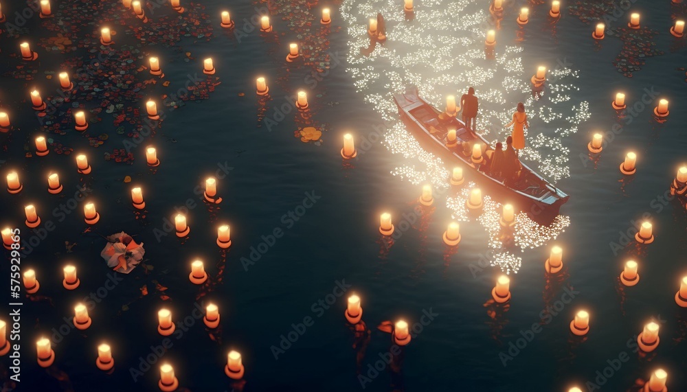 Drone view of humans at boat and floating candles, Generative AI