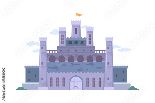 Fantasy or historical castle with towers and fortifications. Isolated citadel or keep, old architecture and sights in city, stronghold. Vector in flat style
