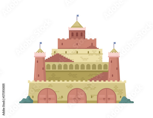 Castle from fairy tale, isolated historical architecture. Building with towers and fortifications, old sights for tourists in city. Vector in flat style