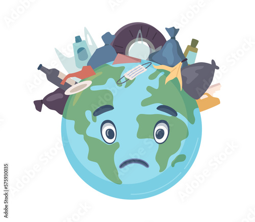 Garbage and waste pollution of planet Earth, lands and oceans. Nature problems and ecology threat to environmental safety and biodiversity. Vector in flat style