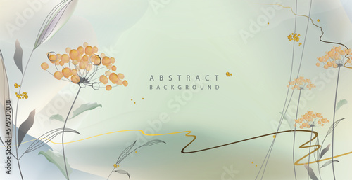 Abstract art floral background in green and earthy watercolor tones with outlines of orange flowers (berries) and golden lines. Vector drawing for banner, greeting card, invitation, covers, other.