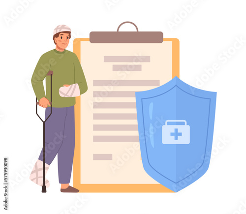 Disability insurance, coverage for people unable to walk. Health issues and problems, accidents and incidents policy and guarantee. Vector in flat style