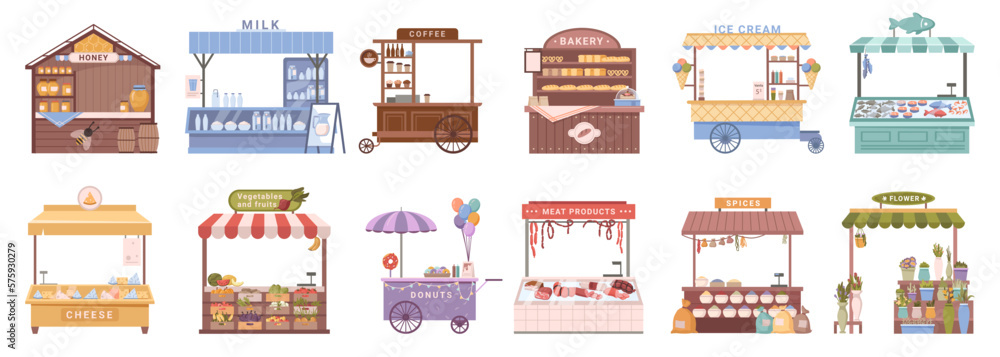 Mobile kiosks and street stalls with products to sell. Isolated cheese and milk, fruits and vegetables, desserts and meat. Flat cartoon, vector illustration - obrazy, fototapety, plakaty 