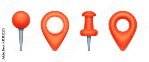 Pointers for maps, online or paper maps. Isolated realistic icons for application with navigation. Pins and traditional place symbol. 3d style vector illustration