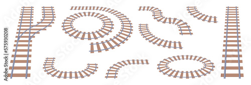 train transport parts and details for railway tracks. Connecting elements for transportation and locomotive riding. Flat cartoons, vector illustration