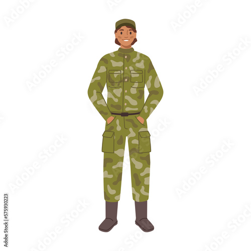 Service military woman wearing special protective clothes. Isolated female personage in boots and cap serving in army. Flat cartoon, vector illustration
