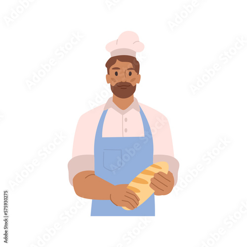 Baker with fresh bread, isolated street stall seller or man working in bakery offering products. Home business. Flat cartoon character, vector illustration