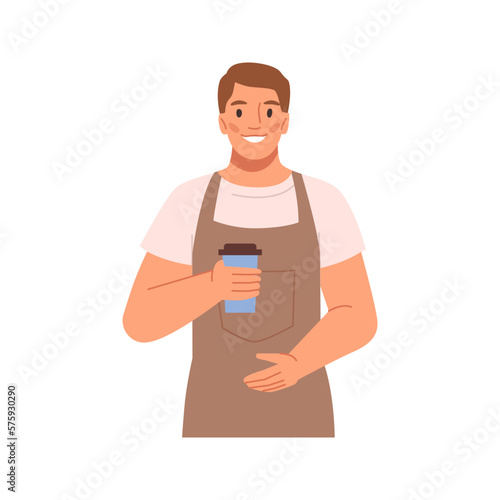 Barista offering cup of coffee to go. Street or kiosk seller with tasty beverage with caffeine, market or cafe. Flat cartoon character, vector illustration