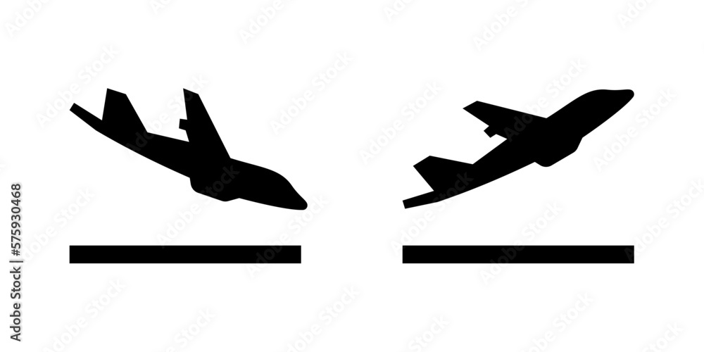 Fototapeta premium Arrivals and departure plane signs. Airport Sign. Simple icons, airplane landing and takeoff. Airport icons set departures, arrivals. Vector illustration Aircraft or Airplane