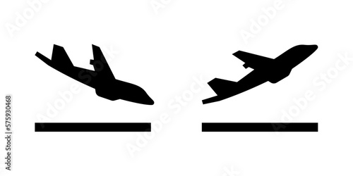 Arrivals and departure plane signs. Airport Sign. Simple icons, airplane landing and takeoff. Airport icons set departures, arrivals. Vector illustration Aircraft or Airplane