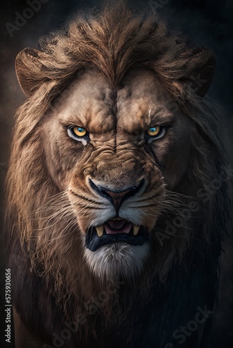 Big male lion in the dark  portrait of a dangerous animal. Generative AI