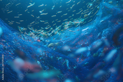 thousands fishes in fishing nets on deep blue sea, Generative AI