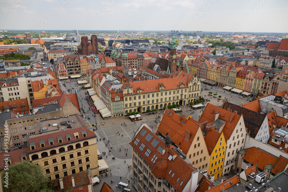 Top view of Wroclaw. City center with colorful houses with red roofs and square. Poland