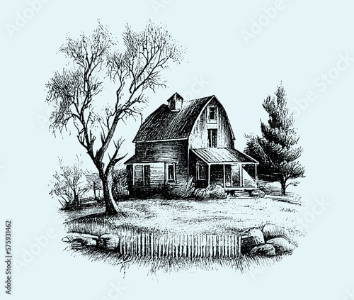 Farm house drawn in pencil on a blue background. Engraved drawing. Black and white style. Sketch. Ideal for postcard, book, poster, banner. Vector illustration