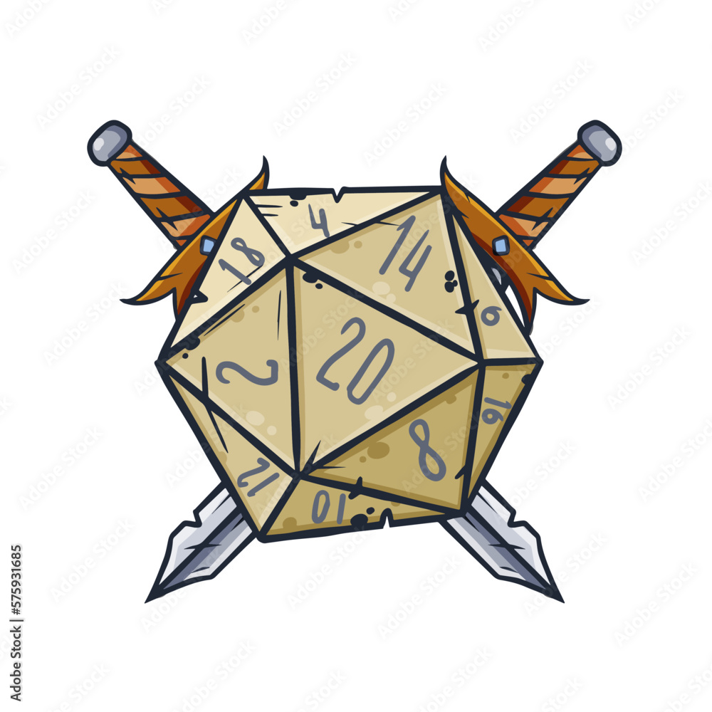 Dice d20 for playing Dnd. Dungeon and dragons board game. Crossed swords of medieval paladin. Adventure cartoon Icon Dice d20 for playing Dnd. Dungeon and dragons board game. Crossed swords of medieval paladin. Adventure cartoon Icon