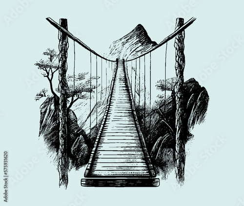 Wooden bridge in the mountains. Ropeway. Suspension bridge. Drawn in pencil on an isolated background. Engraved drawing. Black and white style. Sketch. Ideal for postcard, book, poster, banner. Vector