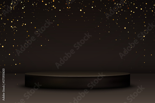Vector banner with falling shiny confetti and round 3d podium. Winners stage, pedestal. First place. Place for text. Sale, discount poster.