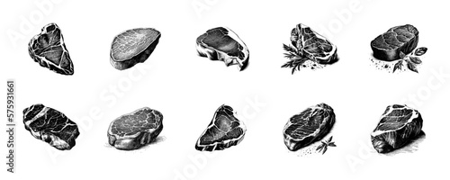 Pencil-drawn set of beef tenderloin steak on an isolated background. Engraved drawing. Meat tenderloin. Marble beef. Black and white style. Ideal for postcard, book, poster, banner, menu. Vector 
