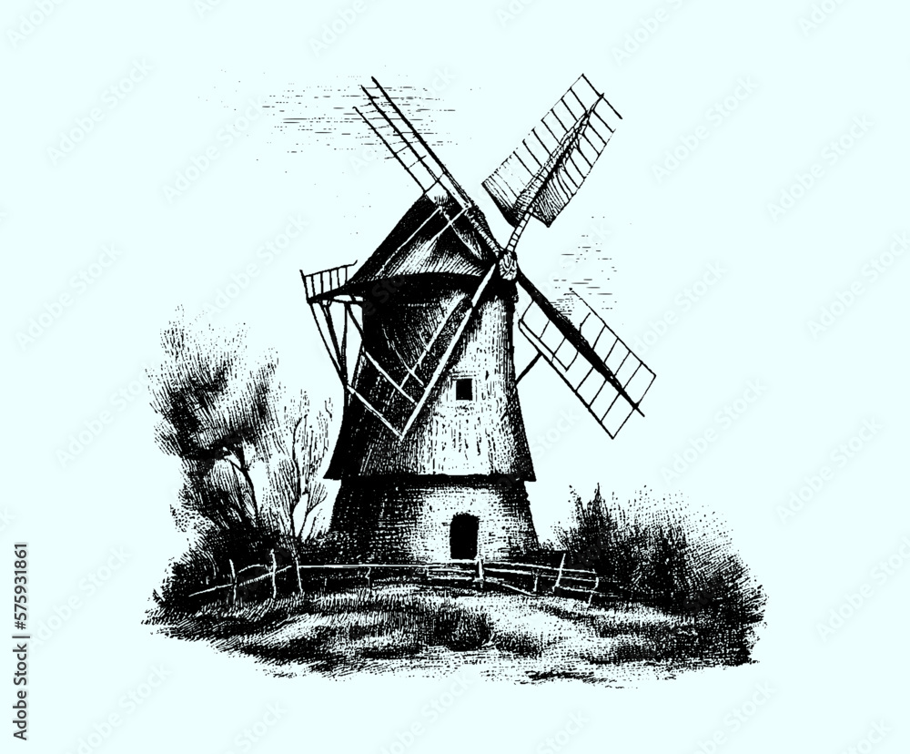 Windmill. Vintage old windmill. Drawn in pencil on a blue background. Engraved drawing. Energy saving. Black and white style. Ideal for postcard, book, poster, banner.  Doodle. Vector illustration