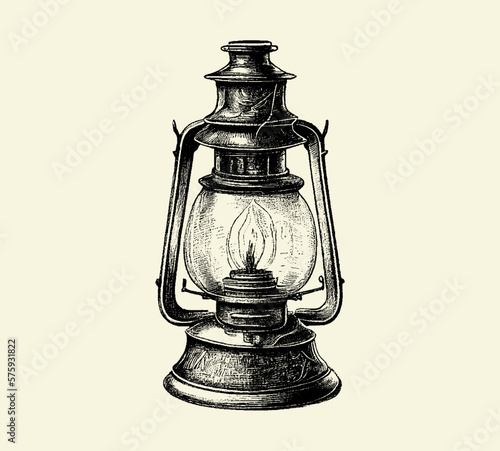 Kerosene lamp. Drawn in pencil isolated on background. Lamp. Engraved drawing. Black and white style. Ideal for postcard, book, poster, banner. Doodle. Vector illustration