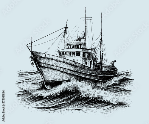 Ship. Fishing boat. Seascape. Drawn with a pencil on a blue isolated background. Engraved drawing. Black and white style. Ideal for postcard, book, poster, banner. Vector illustration