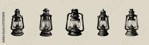 Kerosene lamp. A set of lamps is drawn in pencil isolated on the background. Engraved drawing. Black and white style. Ideal for postcard, book, poster, banner. Doodle. Vector illustration