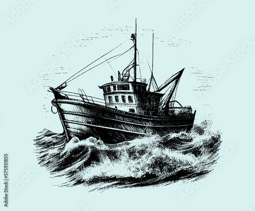 Fishing boat. Seascape. Drawn with a pencil on a blue isolated background. Ship. Engraved drawing. Black and white style. Ideal for postcard, book, poster, banner. Doodle. Vector illustration