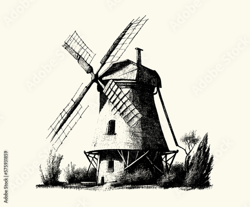 Windmill. Engraved drawing. Hand drawn for your design, drawn in black ink on an isolated background. Vintage old windmill. Black and white style. Sketch. Ideal for postcard, book, poster, banner