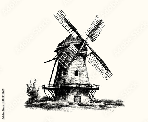 Windmill. Vintage old windmill. Engraved drawing. Hand drawn for your design, drawn in black ink on an isolated background. Black and white style. Sketch. Ideal for postcard, book, poster, banner