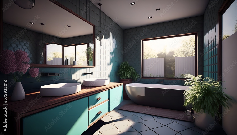Modern and cozy bathroom architecture, 3D illustration