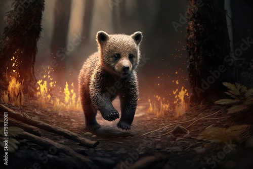 A social image of the fire. A little bear cub running from a fire in the forest.. Generative AI
