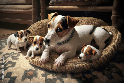 Jack Russell Terrier with 3 puppies lying on cushion. Generative AI