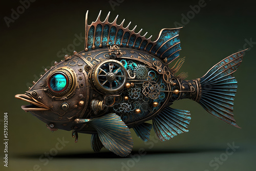 Metal Steampunk fish with a glowing eye. Generative AI