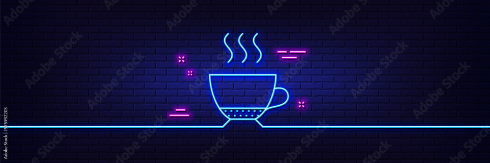 Neon light glow effect. Espresso coffee icon. Hot drink sign. Beverage symbol. 3d line neon glow icon. Brick wall banner. Espresso outline. Vector Neon light glow effect. Espresso coffee icon. Hot drink sign. Beverage symbol. 3d line neon glow icon. Brick wall banner. Espresso outline. Vector