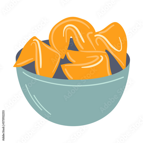 Chinese Fortune Cookie In The Bowl. Hand Drawn Illustration