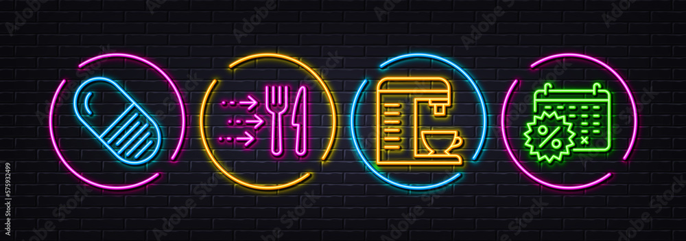 Food delivery, Capsule pill and Coffee machine minimal line icons. Neon laser 3d lights. Calendar discounts icons. For web, application, printing. Vector