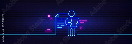 Neon light glow effect. Job interview document line icon. CV file page sign. Office workflow symbol. 3d line neon glow icon. Brick wall banner. Job interview outline. Vector